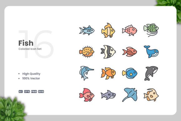 Fish Colored Icons for Modern Design Projects