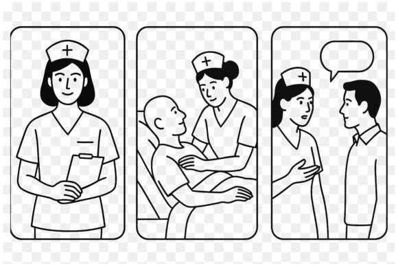 Line Art of Nurses Caring for Patients