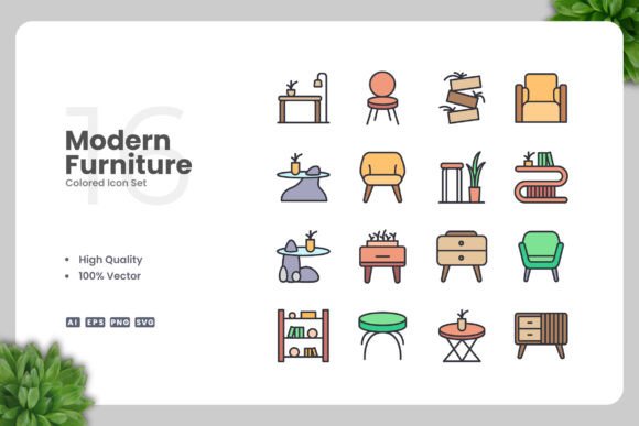 Modern Furniture Colored Icons for Versatile Design Projects